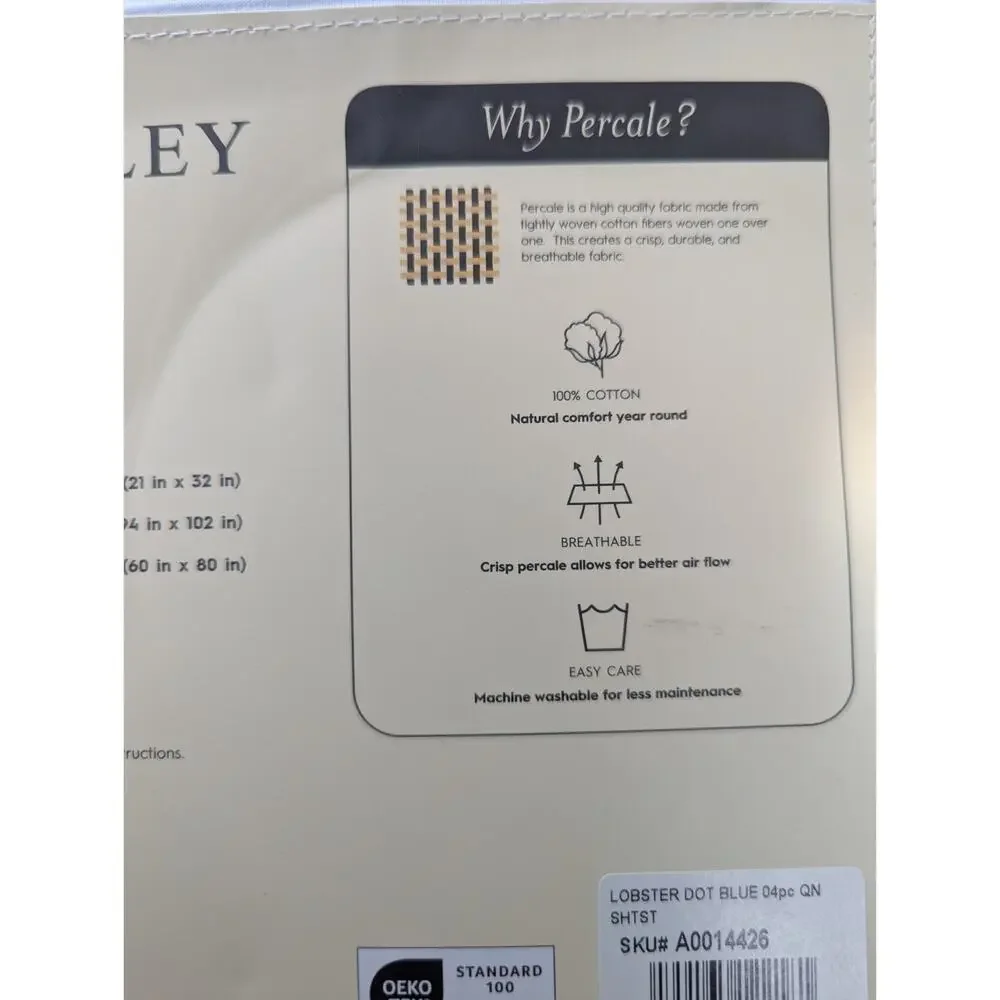Laura Ashley QUEEN Sheet set 100% cotton percale lobster polka dot blue sheets